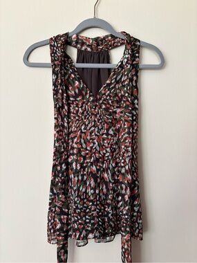 Ramy Brook Black Sleeveless Top with Olive & Rust Abstract Print
